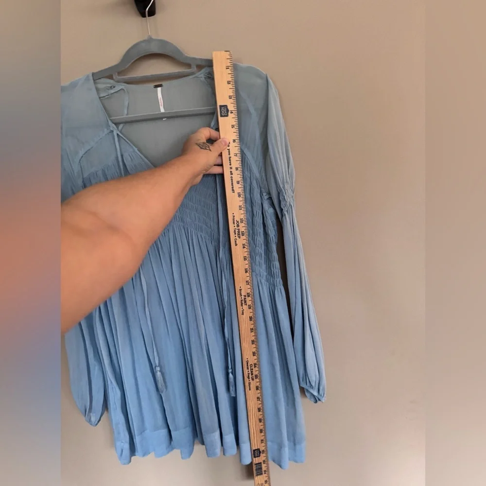 Free People Blue Lini Smocked V-Neck Tassel Boho Tunic Top Size XS